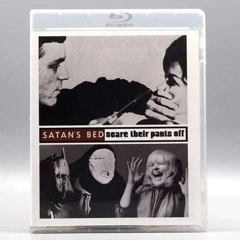 Blu-ray cover of Satan's Bed and Scare Their Pants Off featuring black and white images of a man holding a gun to a woman's face and three masked figures.