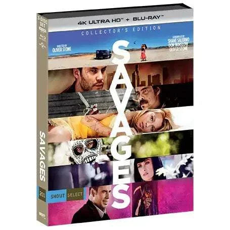 Savages Collector's Edition 4K UHD and Blu-Ray movie set with slipcover featuring Oliver Stone's crime thriller artwork.