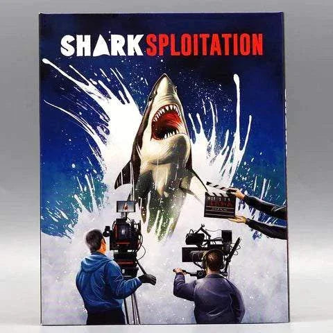 Sharksploitation Blu-Ray slipcover featuring a dramatic shark breaching ocean with film crew filming scene