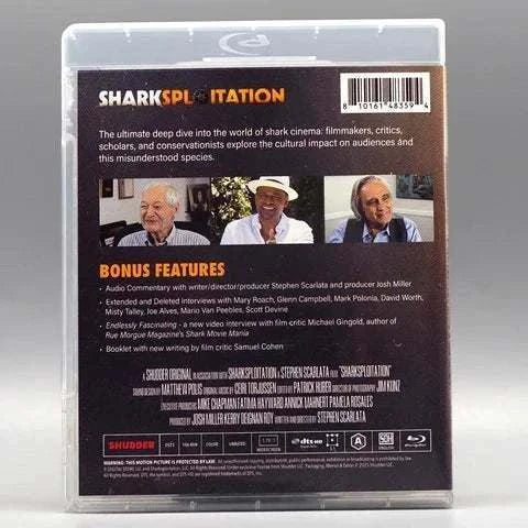 Sharksploitation Blu-Ray back cover featuring bonus features and interviews with filmmakers and critics.