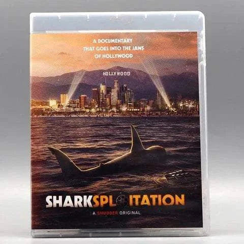 Sharksploitation Blu-Ray featuring a shark silhouette in ocean with Hollywood cityscape at sunset and slipcover packaging