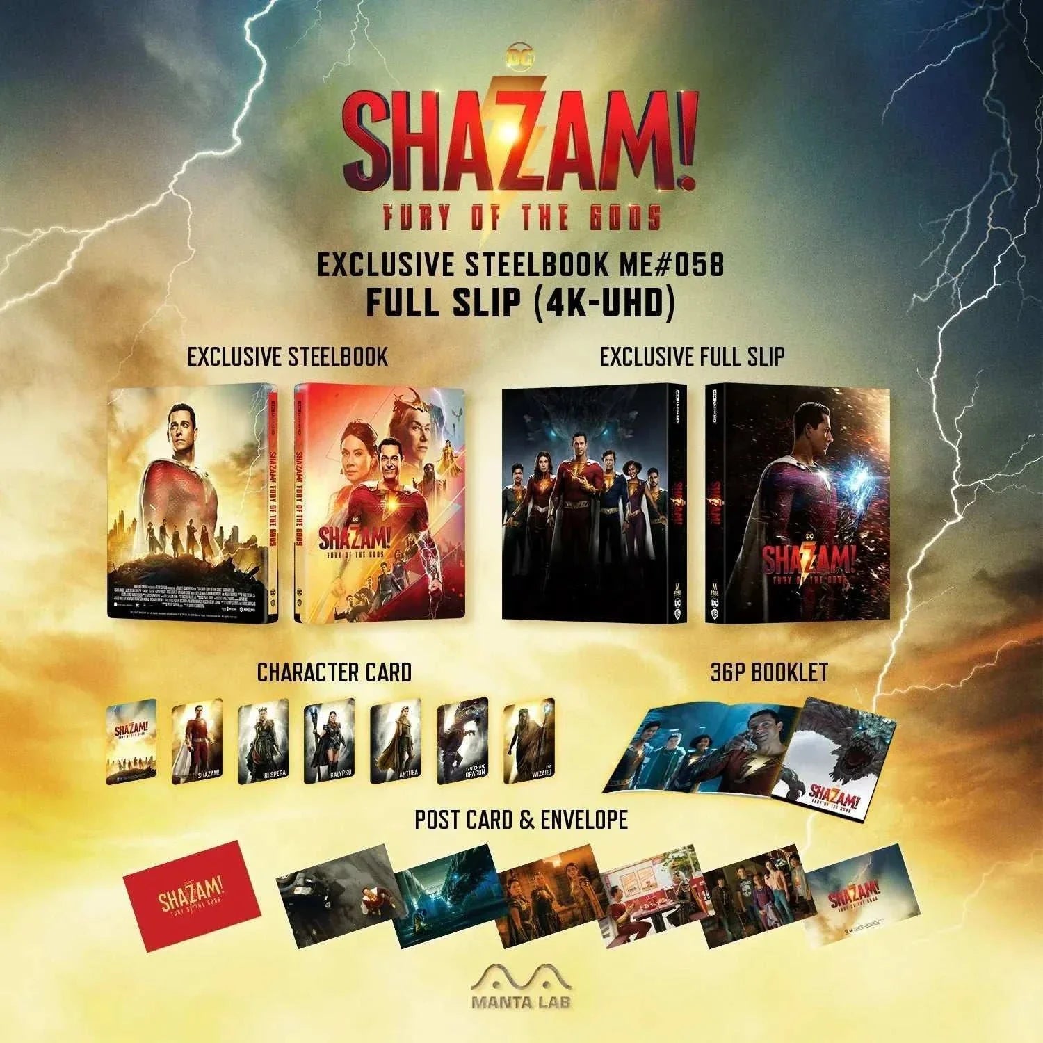Shazam! Fury of the Gods 4K UHD and Blu-Ray steelbook edition with full slip, character cards, postcards, and 36-page booklet set on stormy background