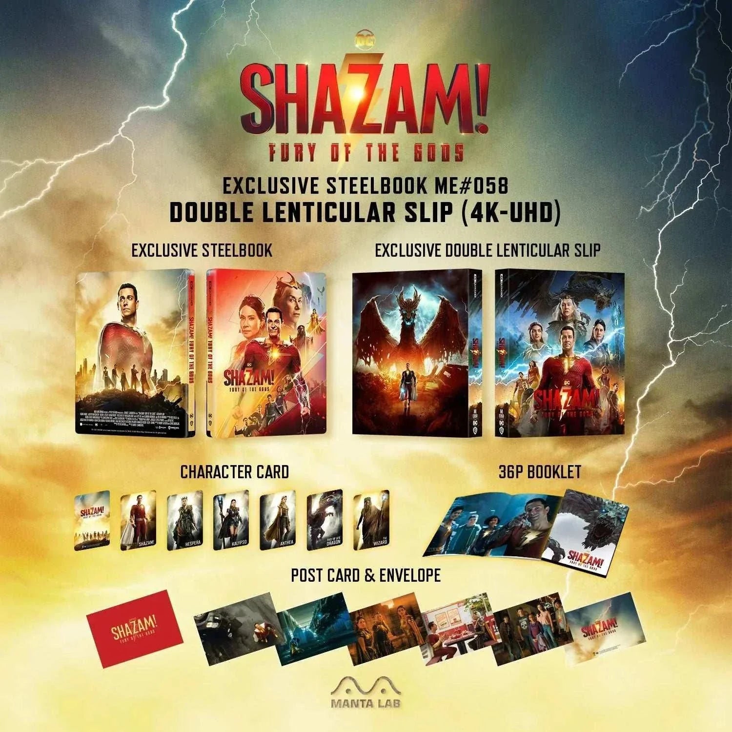 Shazam! Fury of Gods 4K UHD exclusive steelbook with double lenticular slip, character cards, postcards, envelope, and 36-page booklet.