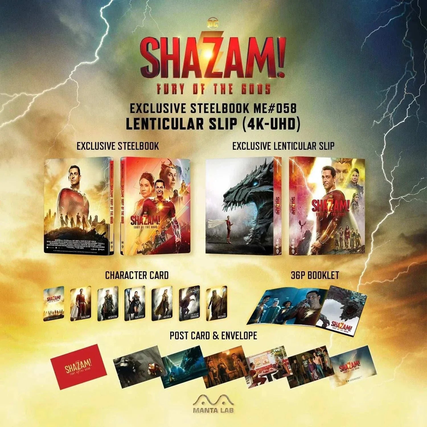 Shazam! Fury of Gods 4K UHD and Blu-Ray steelbook set with lenticular slip, booklet, postcards, character cards, and exclusive numbered packaging.