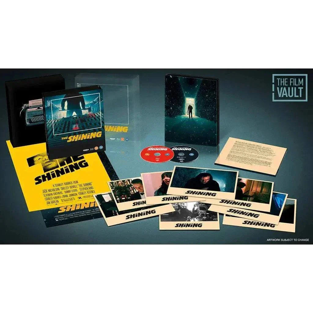 The Shining The Film Vault special edition 4K Ultra HD and Blu-ray steelbook with slipbox pre-order set including booklet, character cards, and double-sided poster
