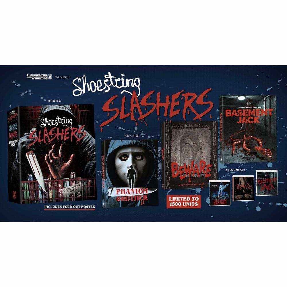 Shoestring Slashers Volume 1 Blu-Ray box set featuring horror films Phantom Brother, Beware, and Basement Jack with slipcovers and special features.