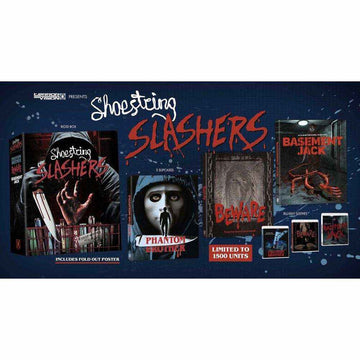 Shoestring Slashers Volume 1 Blu-Ray box set featuring horror films Phantom Brother, Beware, and Basement Jack with slipcovers and special features.