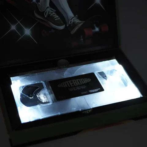 Limited edition deluxe LED VHS showcasing skateboard theme with glowing display.
