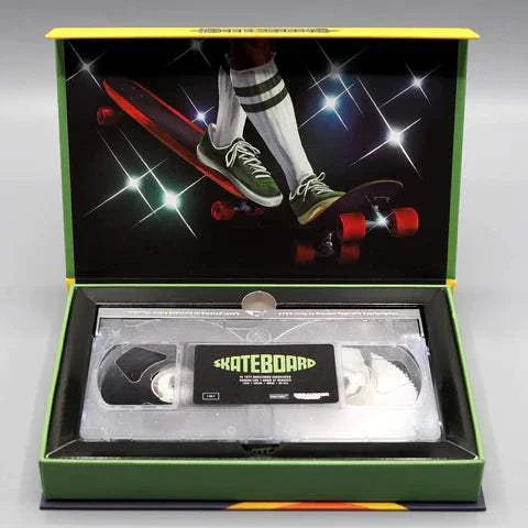 Limited edition deluxe LED VHS skateboard packaging with retro design.