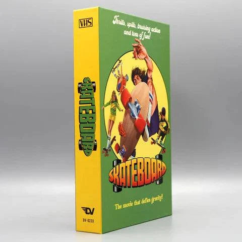 Limited edition deluxe LED VHS in green packaging featuring skateboarders and vibrant 70s era design.