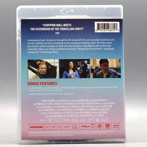 Back cover of Shudder - Slaxx Blu-Ray with slipcover featuring a horror film synopsis, bonus features details, and production credits