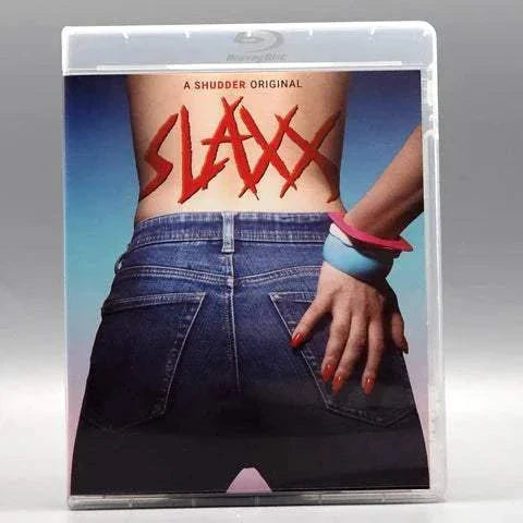 Shudder - Slaxx Blu-Ray cover featuring jeans and a red title logo with a slipcover.