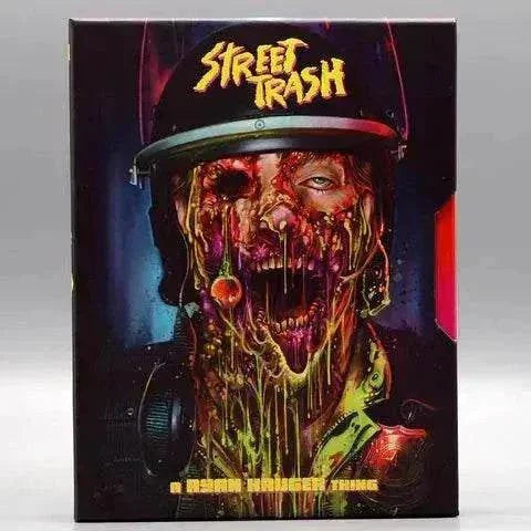 Street Trash 2024 Blu-ray by Vinegar Syndrome Pictures featuring gory melting face artwork with soldier helmet and slipcase.