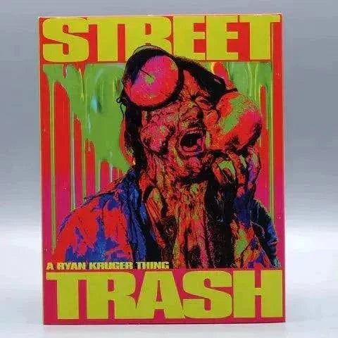 Street Trash 2024 Blu-ray cover with grotesque melted face artwork and vibrant neon colors by Vinegar Syndrome Pictures.