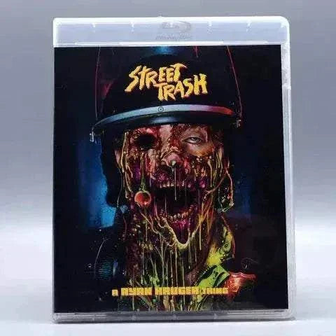 Vinegar Syndrome Pictures Street Trash 2024 Blu-ray with slipcase featuring horror artwork of a grotesque melting face on police helmet