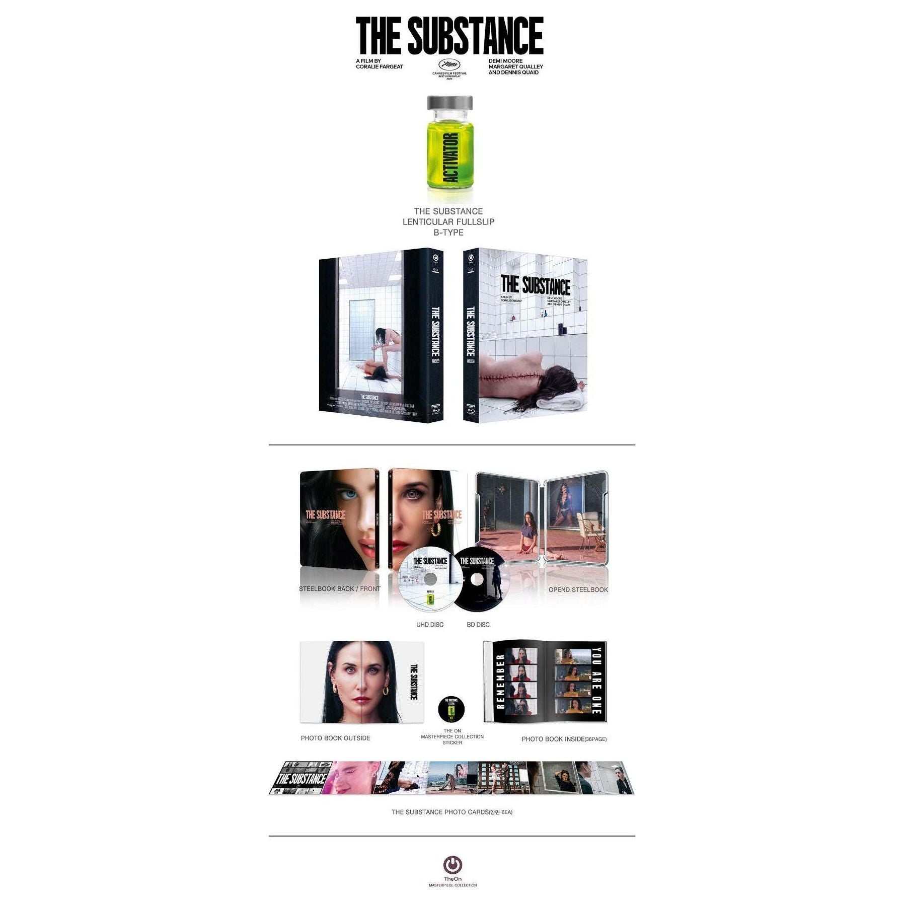 The Substance Steelbook Lenticular Fullslip Limited Edition 2-disc set with 4K UHD and Blu-Ray, including a photo book, art cards, and collectible packaging.