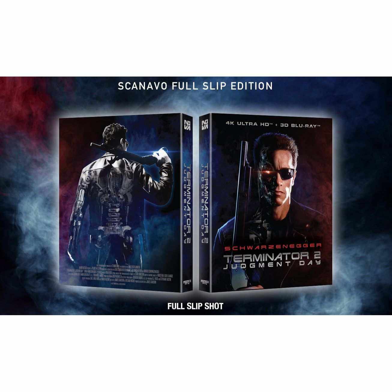 Terminator 2 Judgment Day 4K UHD and 3D Blu-ray Scanavo full slip edition featuring Arnold Schwarzenegger in sci-fi action cover design