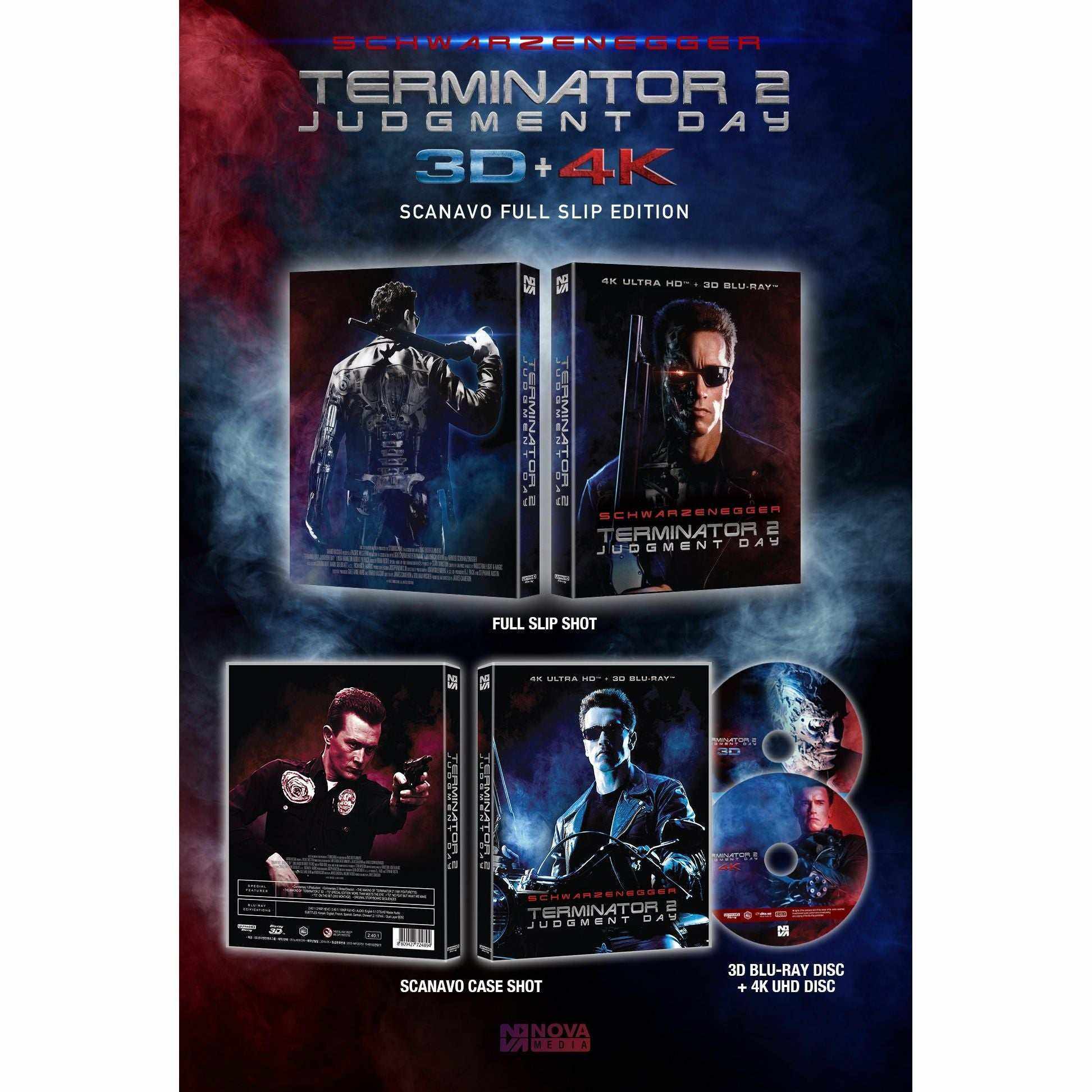 Terminator 2 Judgment Day 4K UHD and 3D Blu-Ray full slip edition with Arnold Schwarzenegger cover and discs displayed