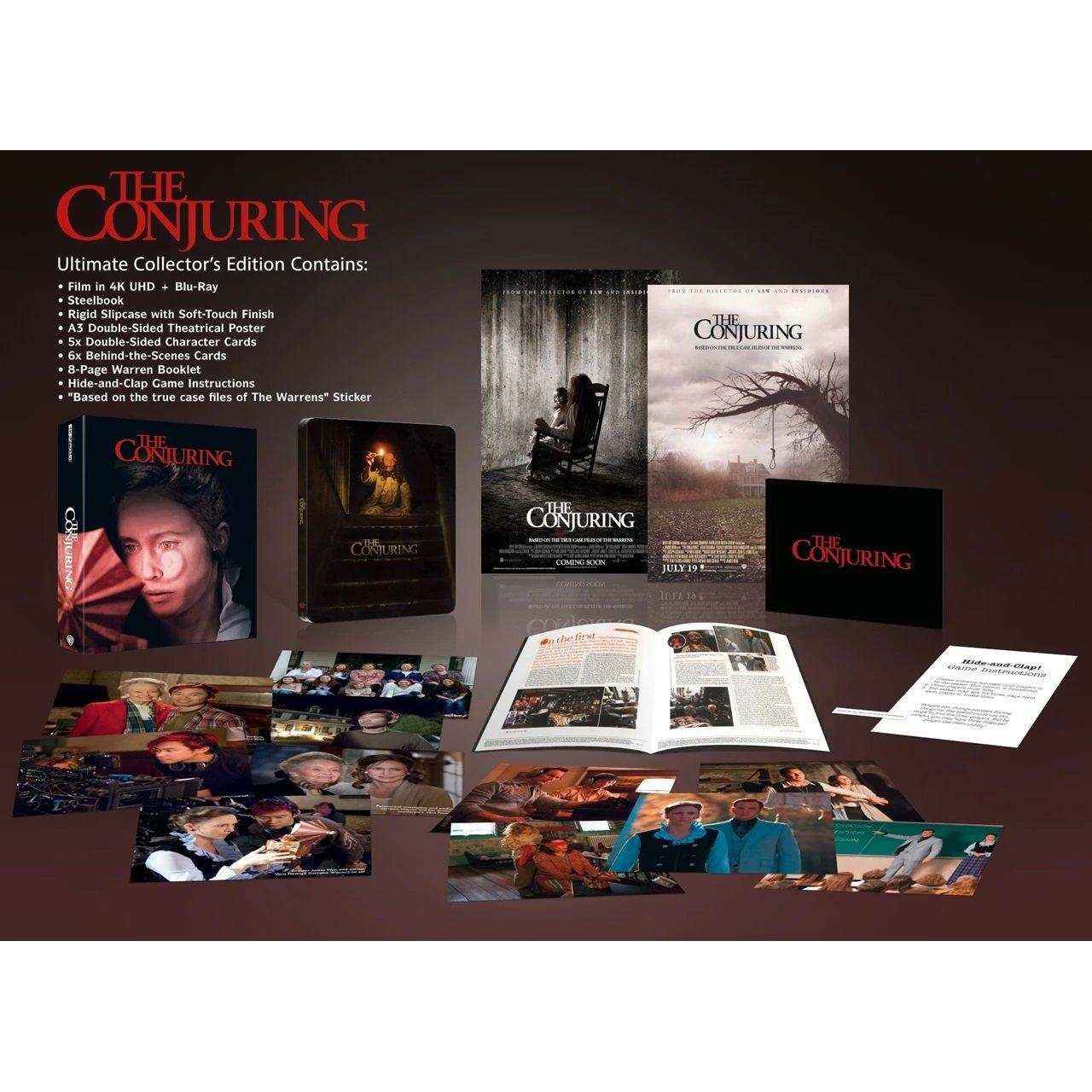 The Conjuring UK Limited Collectors Edition Steelbook 4K UHD and Blu-Ray with rigid slipcase, theatrical poster, character cards, booklet, and extras