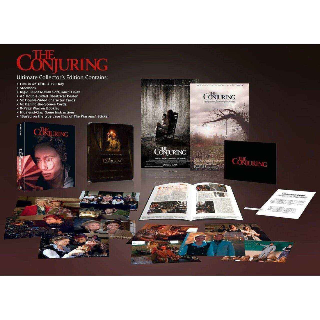 The Conjuring UK Limited Collectors Edition Steelbook 4K UHD and Blu-Ray with rigid slipcase, theatrical poster, character cards, booklet, and extras