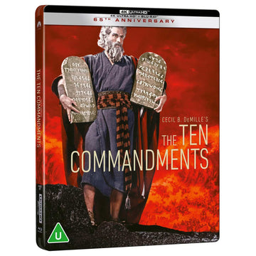 The Ten Commandments 65th Anniversary Limited Edition 4K Ultra HD Blu-ray Steelbook with Moses holding tablets on cover