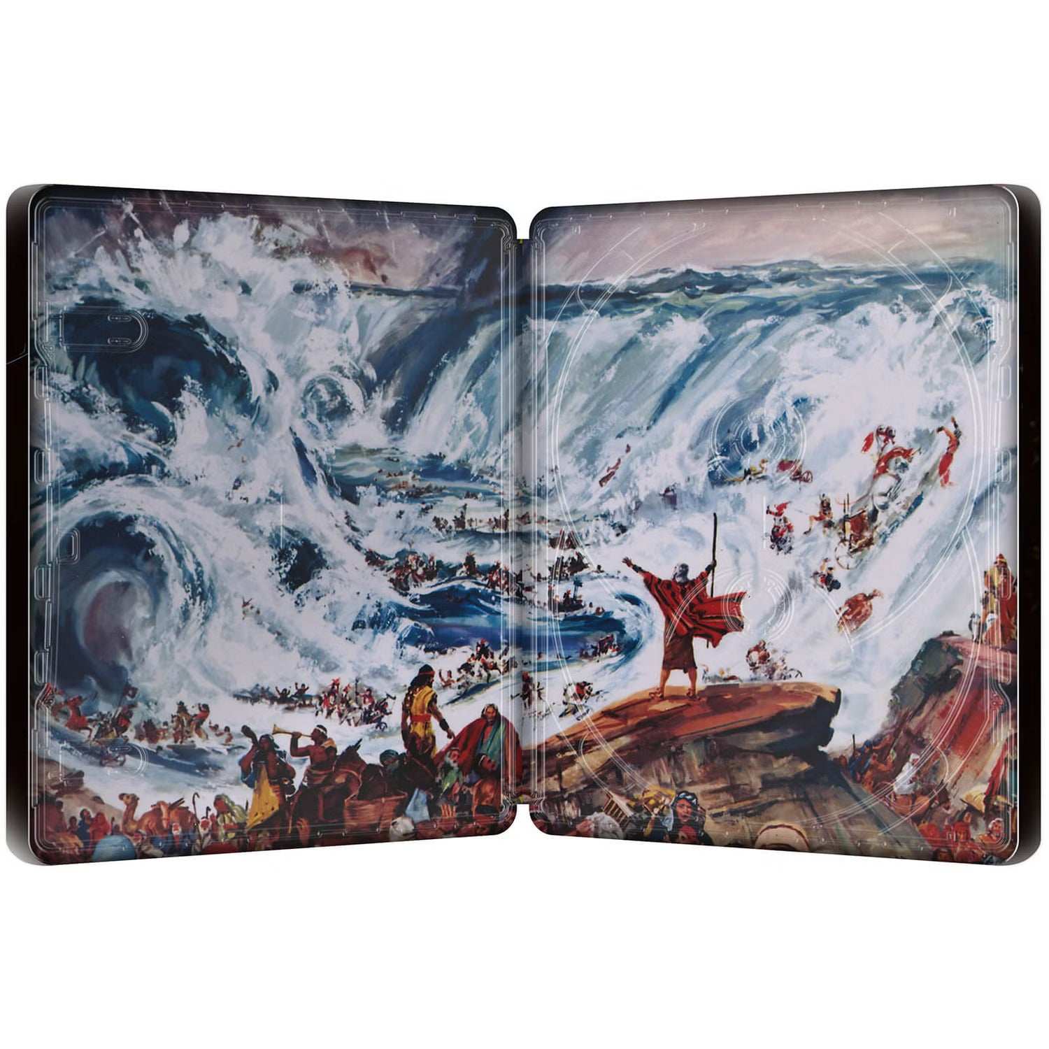 Open steelbook case of The Ten Commandments showing artwork of the parting of the Red Sea scene