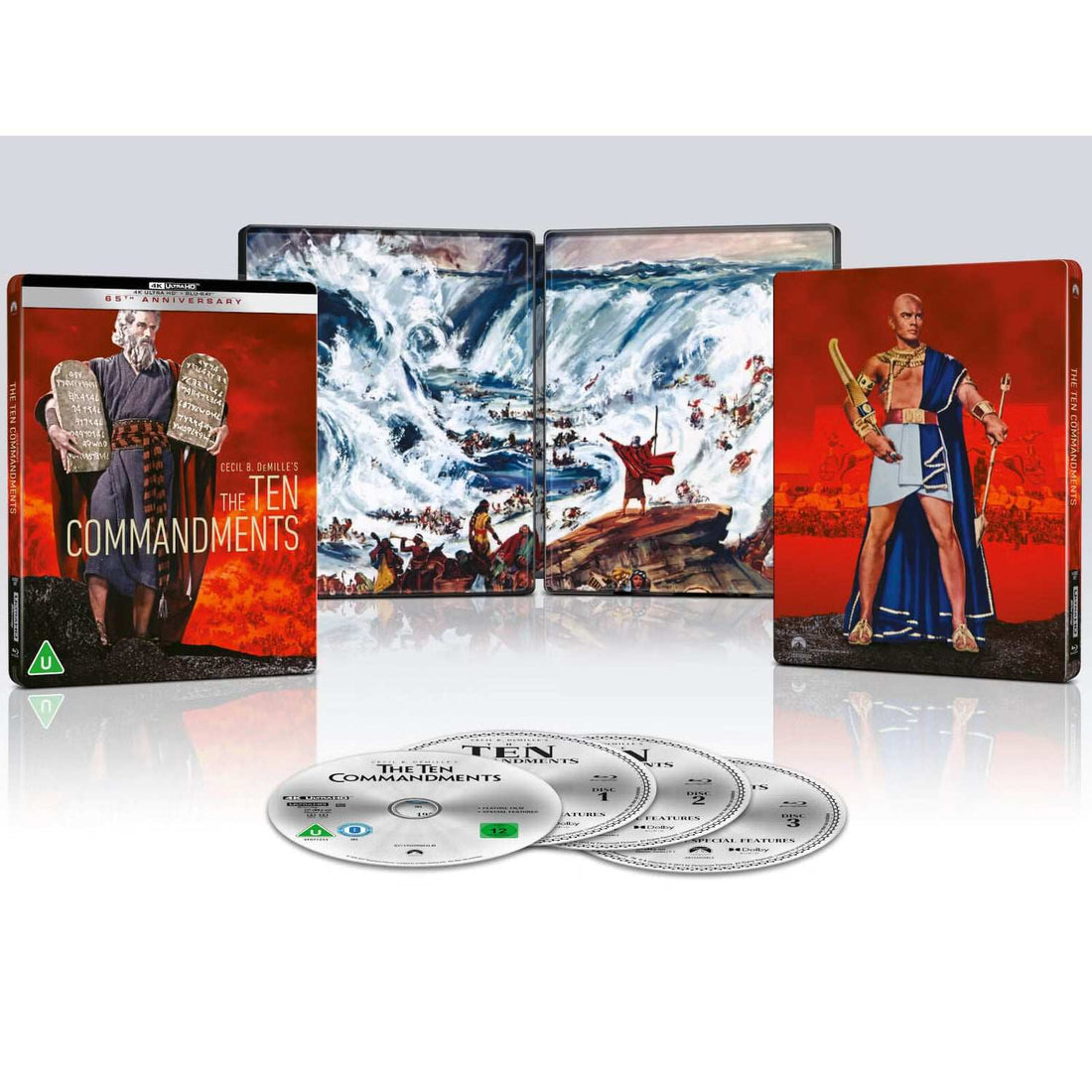 The Ten Commandments 65th Anniversary Limited Edition 4K Ultra HD Blu-ray Steelbook with Moses holding tablets on cover