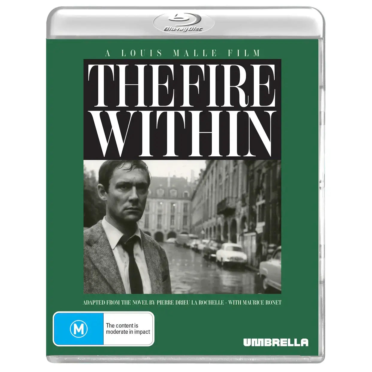Blu-ray cover of The Fire Within (1963) with black and white image of a man in a suit standing on a street, green border, and large white title text.