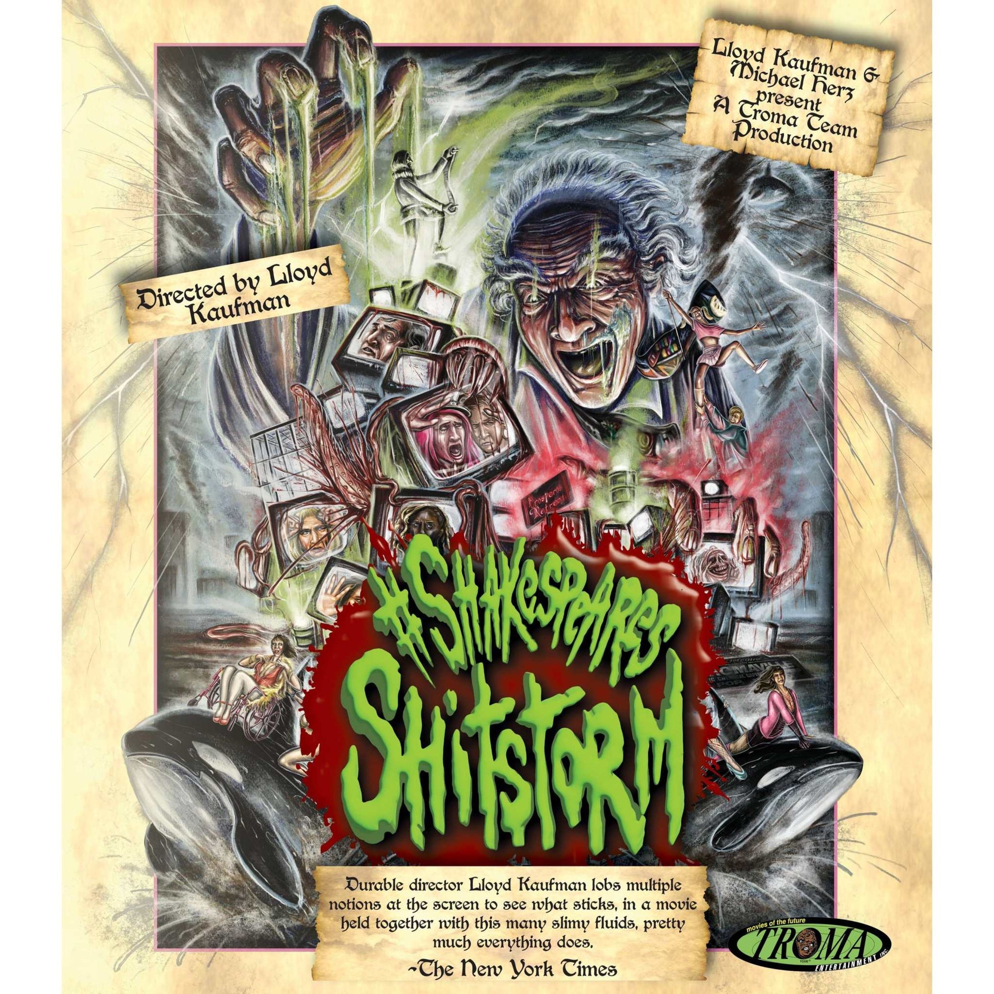 #shakespearesshitstorm 4K Ultra HD Blu-ray cover art featuring chaotic, colorful illustration of characters in a parody of Shakespeare's "The Tempest" by Troma Films.