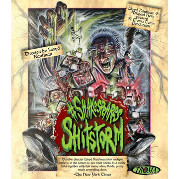 #shakespearesshitstorm 4K Ultra HD Blu-ray cover art featuring chaotic, colorful illustration of characters in a parody of Shakespeare's "The Tempest" by Troma Films.