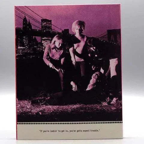 Teenage Gang Debs Blu-Ray slipcover featuring retro collage of girls, motorcycle, and switchblade knife on red background