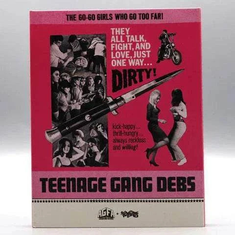 Teenage Gang Debs Blu-Ray slipcover featuring retro collage of girls, motorcycle, and switchblade knife on red background