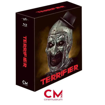 Terrifier Blu-Ray and DVD Steelbook edition featuring Art the Clown with exclusive CineMuseum packaging and bonus content.