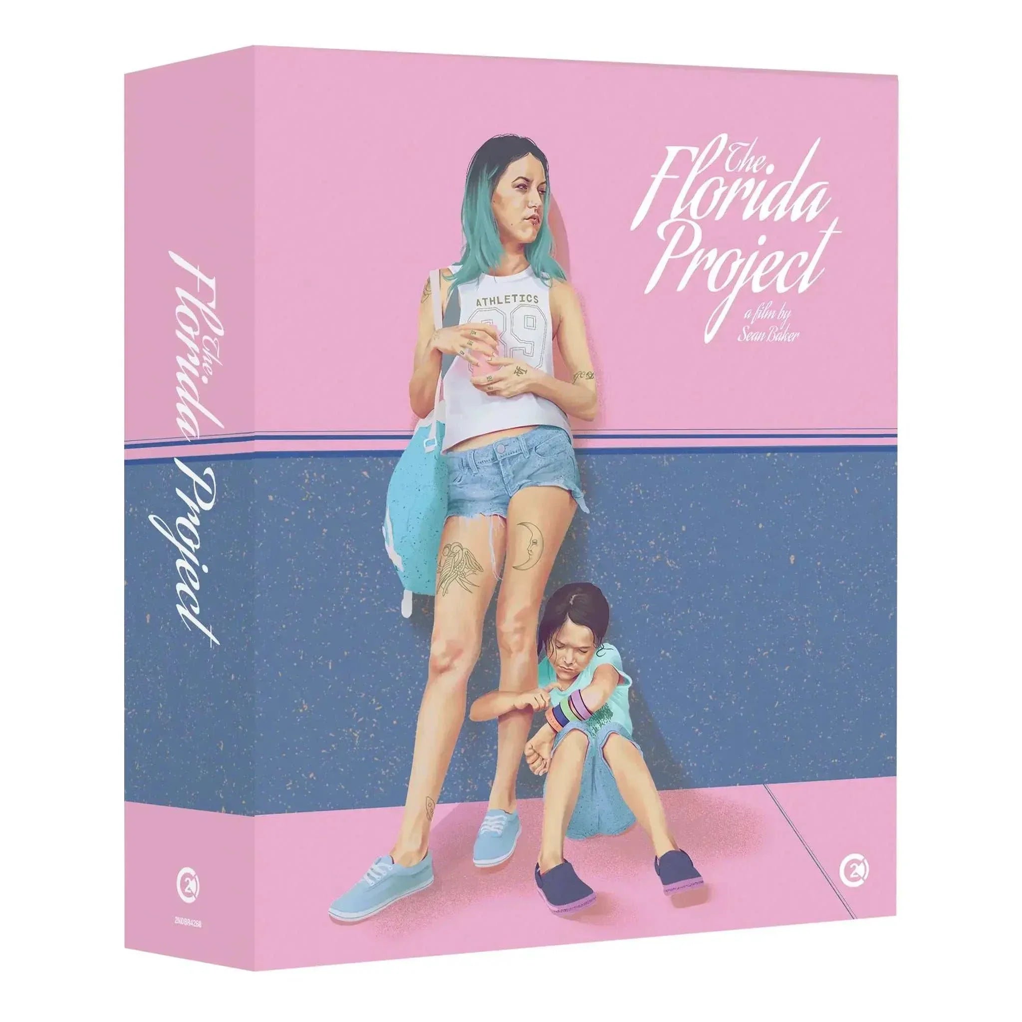 The Florida Project limited edition 4K Ultra HD and Blu-Ray set with slipcase featuring illustrated cover art of a woman and child.