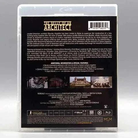 Vinegar Syndrome Labs Blu-ray of "The Belly of an Architect" featuring extensive information and images on the back cover.