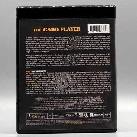 Vinegar Syndrome The Card Player 4K UHD and Blu-Ray case back cover with film details and special features text