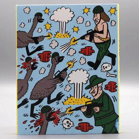 The Emu War Blu-ray slipcover with cartoon soldiers fighting emus illustration