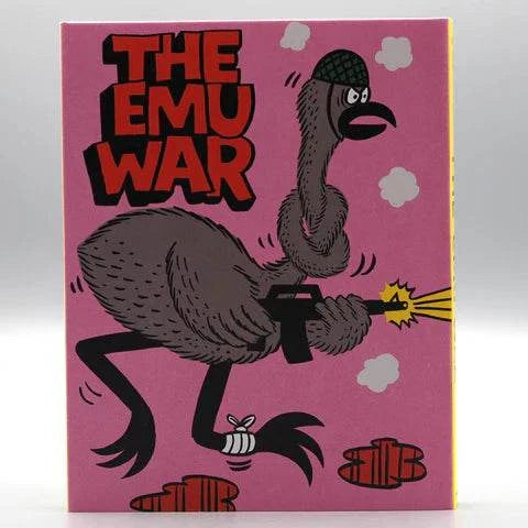 The Emu War Blu-ray with slipcover featuring cartoon emu soldier firing a gun on pink background.