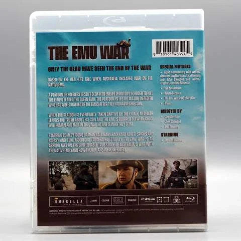 Blu-ray cover of The Emu War movie with slipcover, showing the back with a summary, special features, and still images from the film.