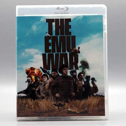 The Emu War Blu-ray cover featuring soldiers and emus with explosions in the background under a cloudy sky