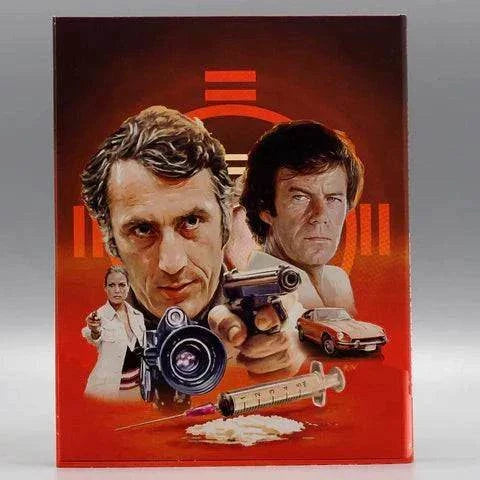 Canadian International Pictures Blu-Ray of The Heatwave Lasted Four Days featuring neo-noir thriller with actors holding a camera and gun, syringe and car on red background with slipcover packaging.