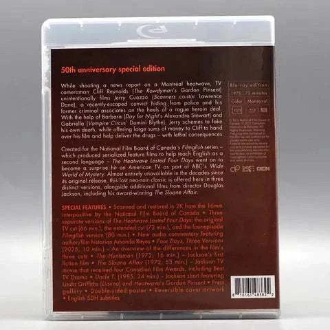 Canadian International Pictures The Heatwave Lasted Four Days 50th anniversary Blu-Ray with slipcover showing detailed special edition features and film synopsis on back cover