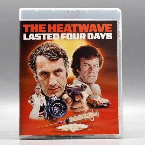 Canadian International Pictures The Heatwave Lasted Four Days Blu-Ray cover featuring characters with a gun, camera, and drugs against an orange background with a slipcover.