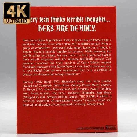 Vinegar Syndrome The Rage Carrie 2 4K UHD and Blu-Ray slipcover with red horror movie artwork featuring an eye inside a heart with barbed wire.