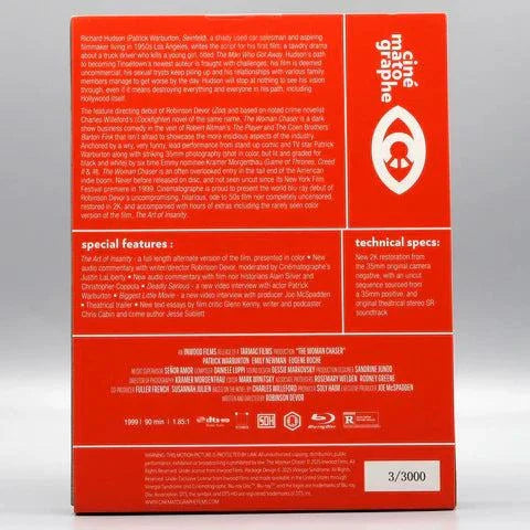 Blu-ray cover of Cinématographe's The Woman Chaser with detailed synopsis and special features on a red and white background