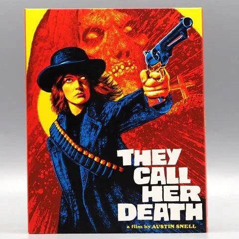 Yellow Veil They Call Her Death Blu-Ray cover with woman in black hat and gun against red and yellow background