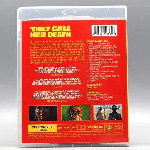 Blu-ray slipcover of Yellow Veil - They Call Her Death featuring a red background with movie synopsis, cast, and bonus material details.