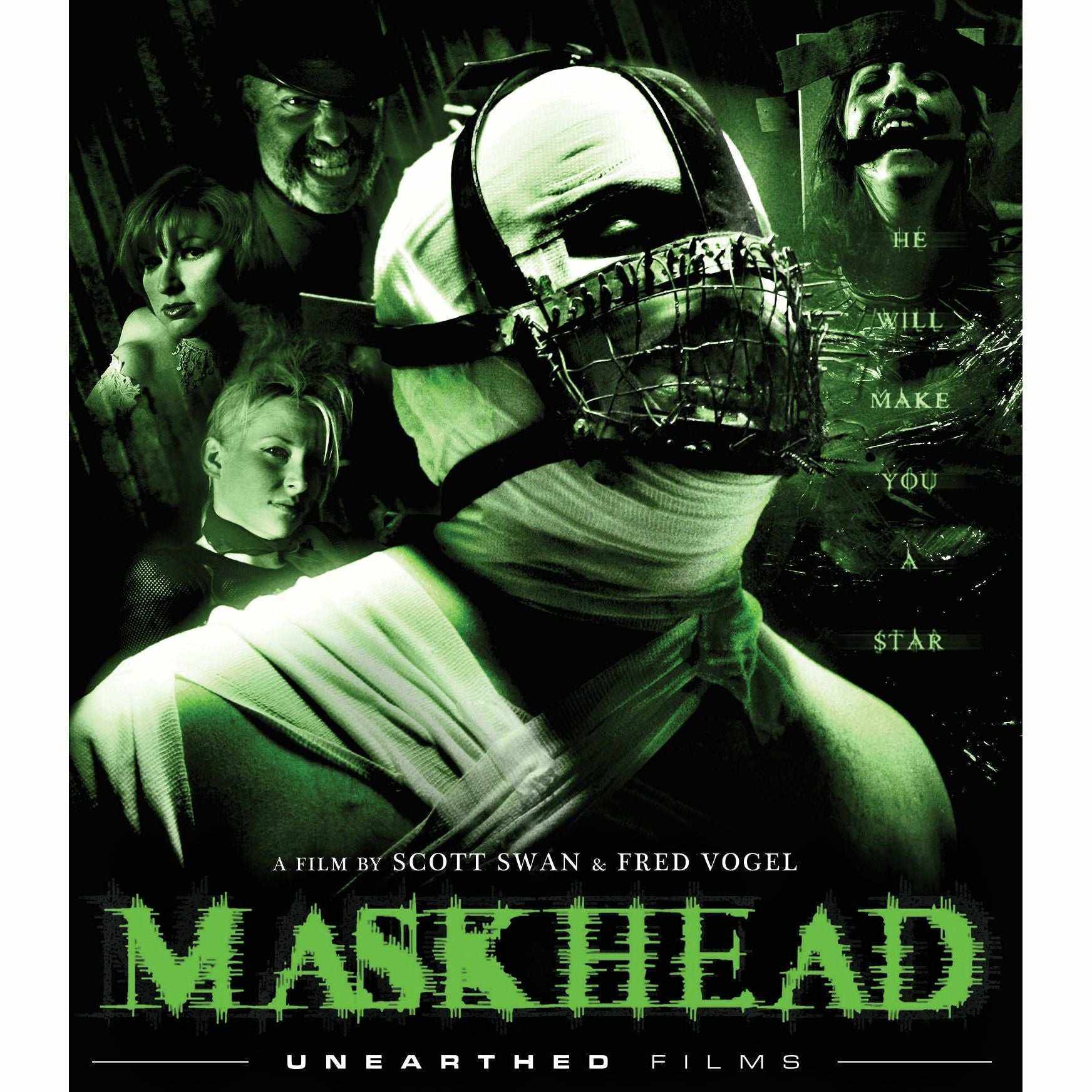 Maskhead Blu-Ray cover featuring a bandaged figure with a metal muzzle mask and dark green horror-themed background with supporting characters and title text.