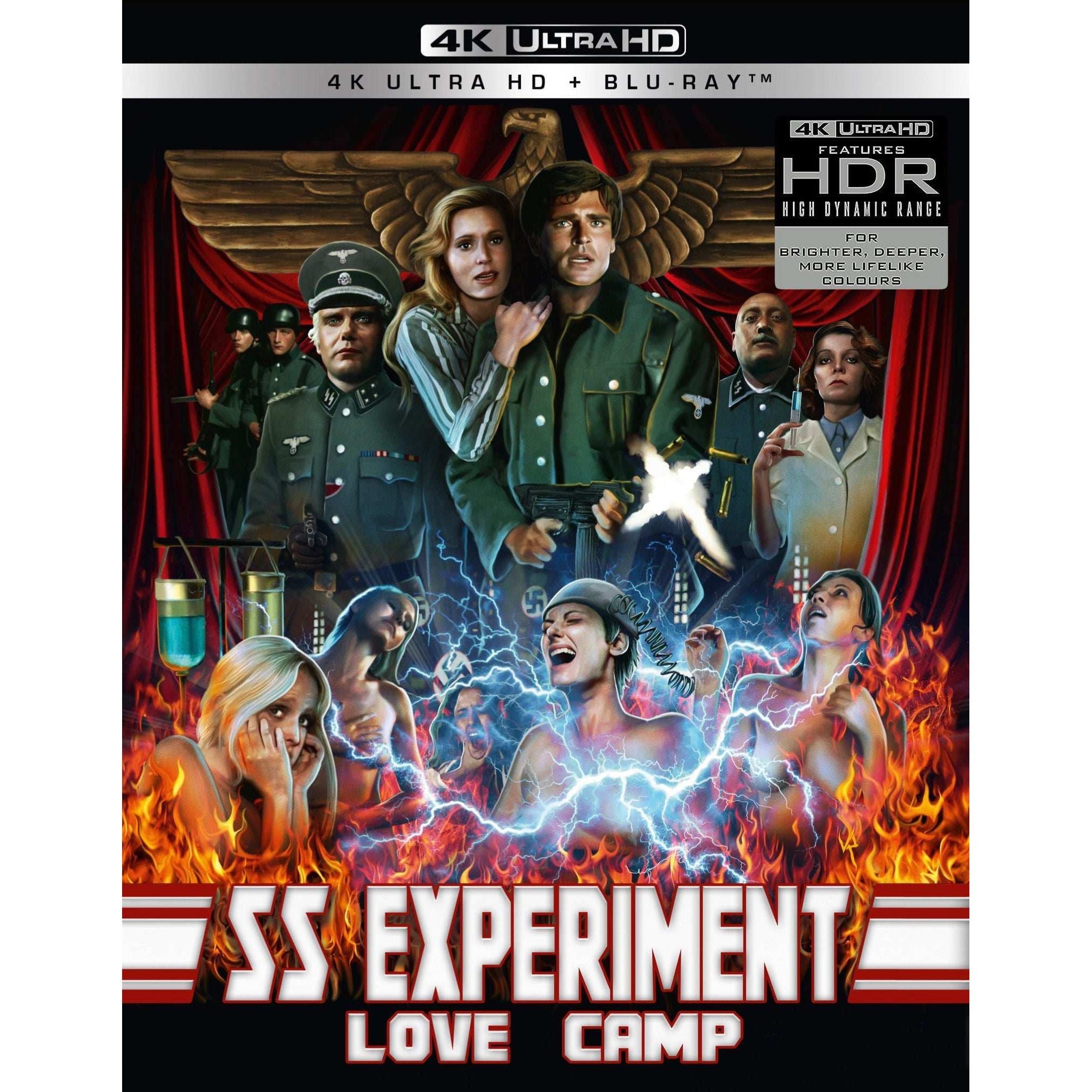 Cover art of SS Experiment Love Camp Limited Edition 4K Ultra HD and Blu-ray with soldiers and electrified prisoners surrounded by flames