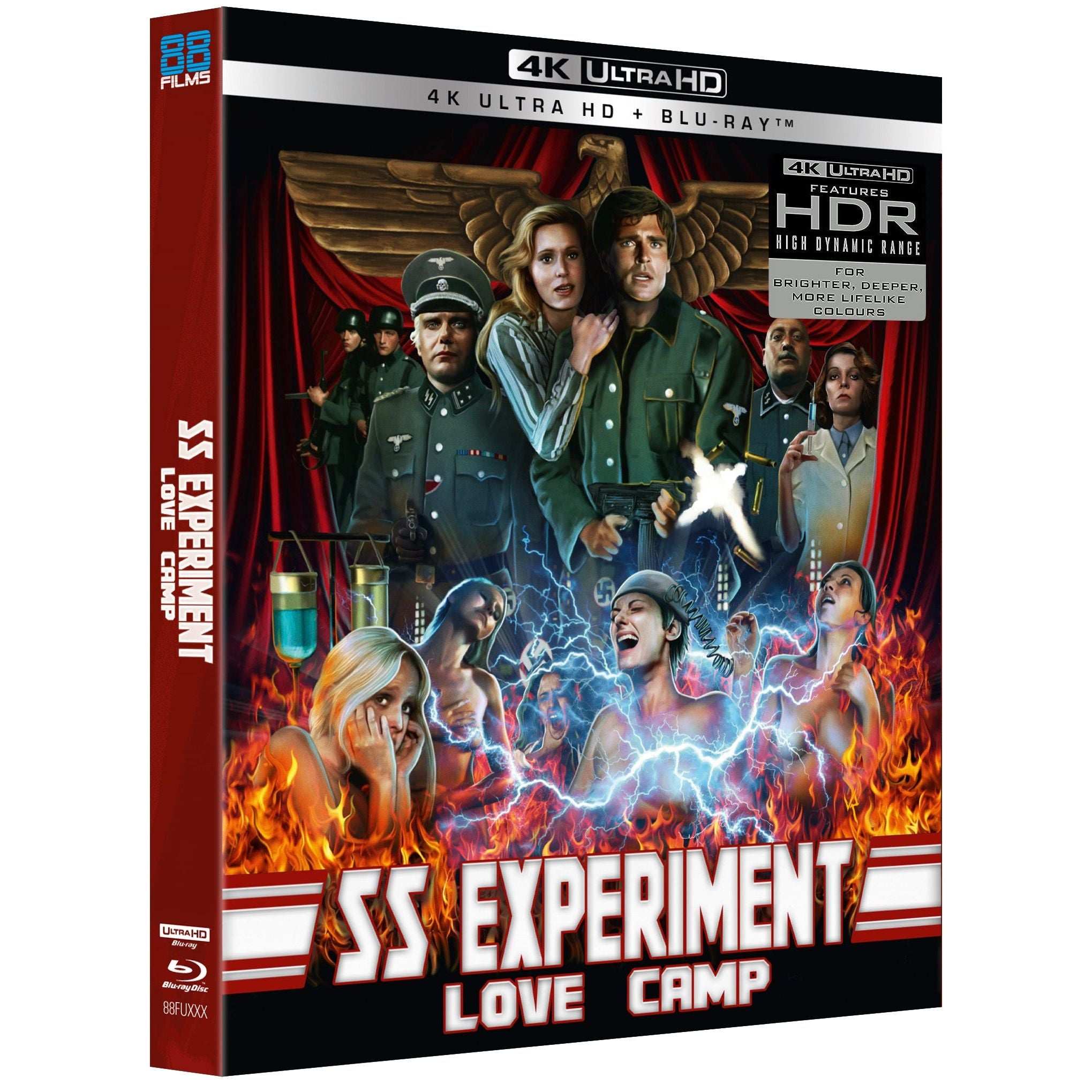 Cover art of SS Experiment Love Camp 4K Ultra HD and Blu-ray limited edition with slipcover and booklet showing Nazi officers and prisoners amid flames and electric effects